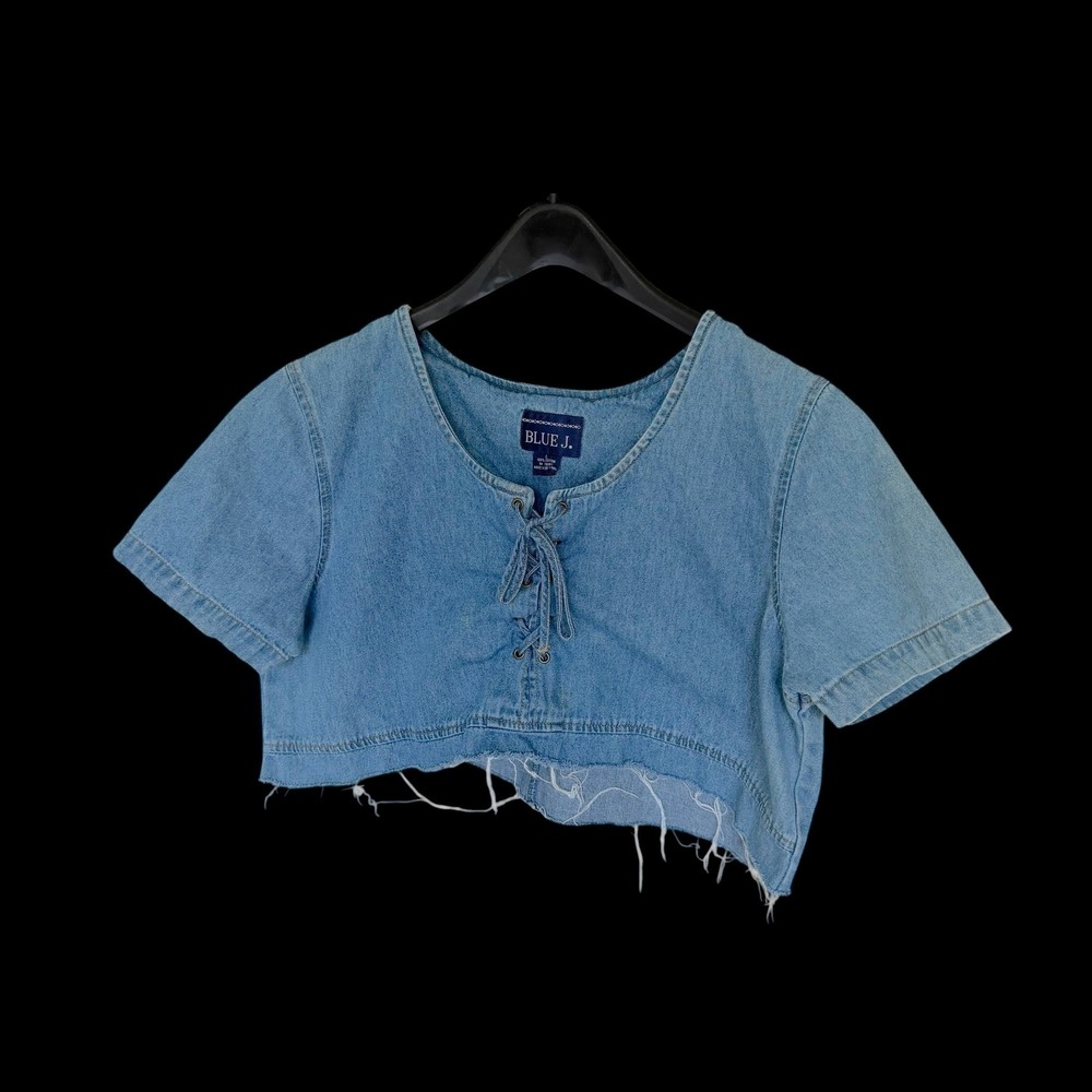 90's Womens Denim Lace Up Crop Top Medium Wash Raw Hem Short Sleeve Large